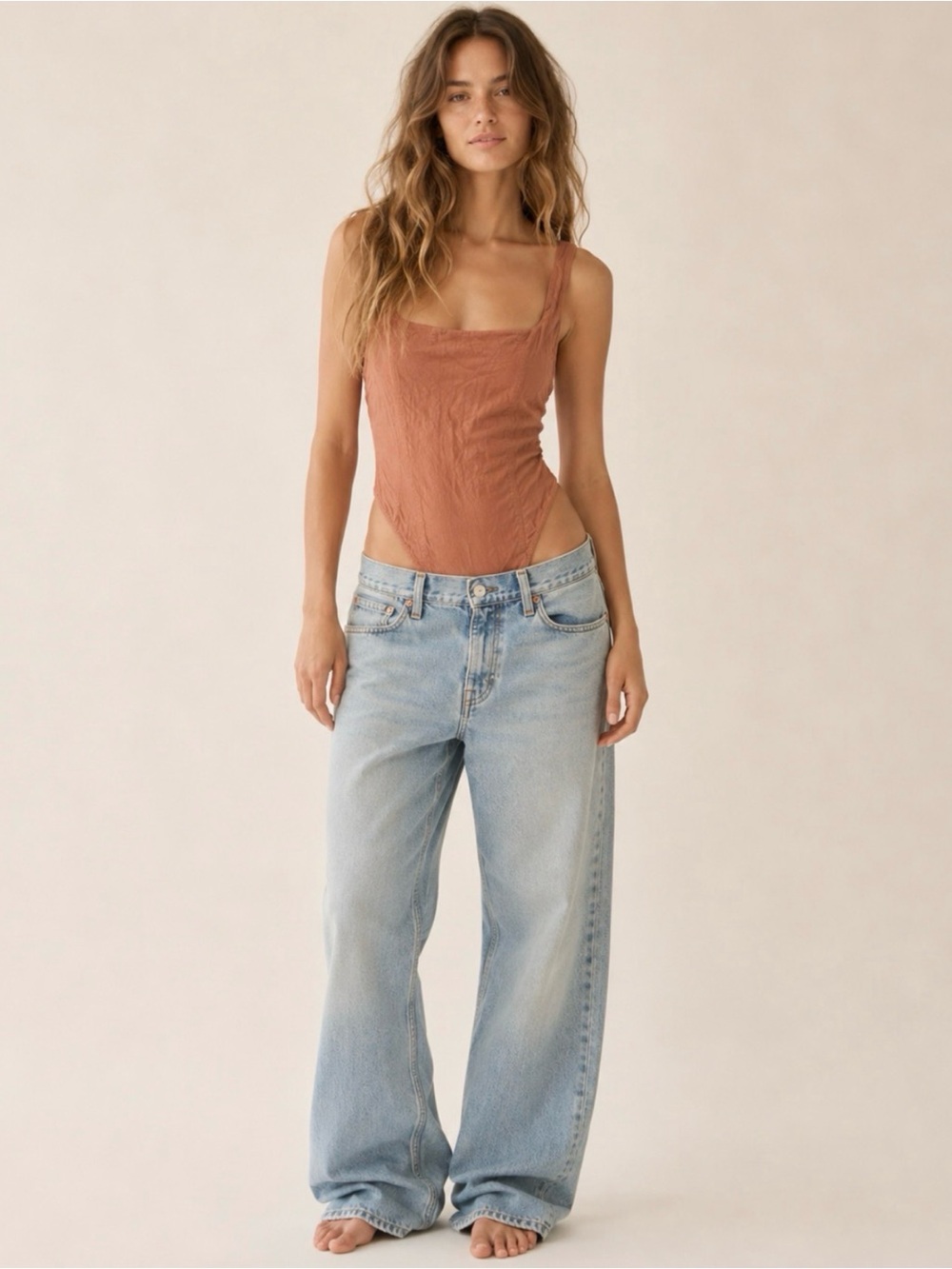 Intimately Free People Scoop Square Neck Textured Thong Bodysuit Clay Nude Small
